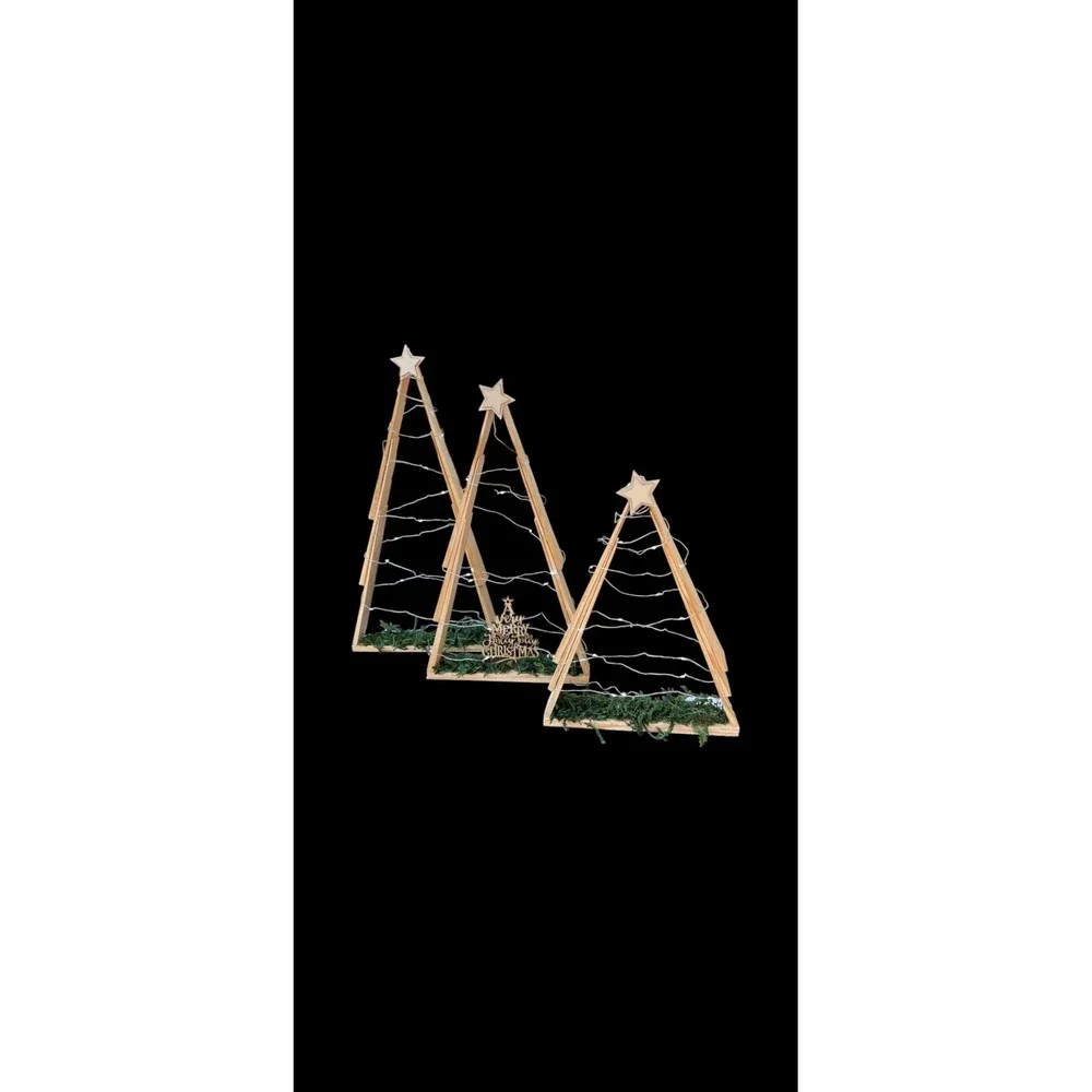 Set of‎ 3 Rustic Wooden Christmas Trees with Lights, 10, 13.5, 15 in. Heights